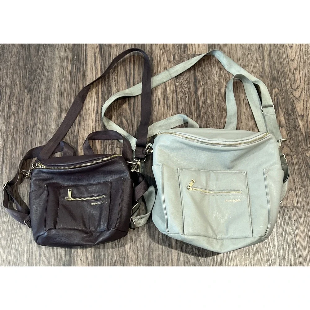 2 Fawn Design Large And Mini Backpack Messenger Diaper Bag Beige Vegan Leather